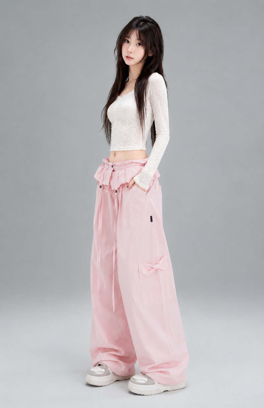 Blush Pink Ruffle-Waist Bow-Tie Balloon Cargo Pants