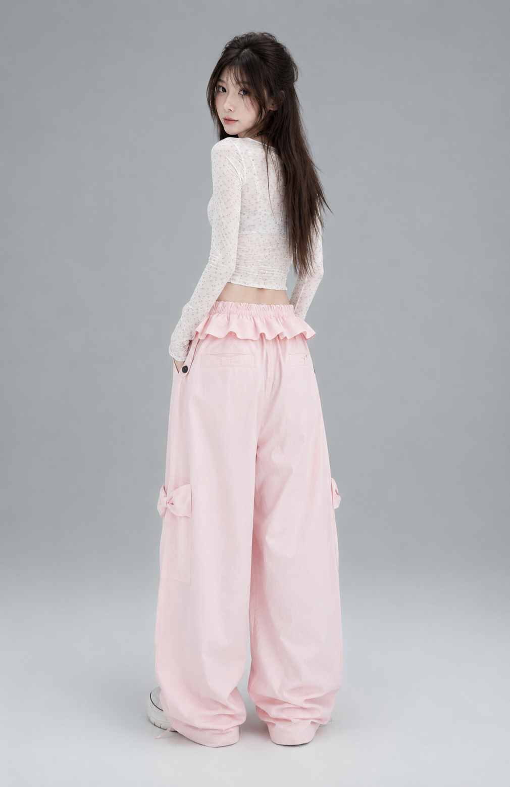 Blush Pink Ruffle-Waist Bow-Tie Balloon Cargo Pants