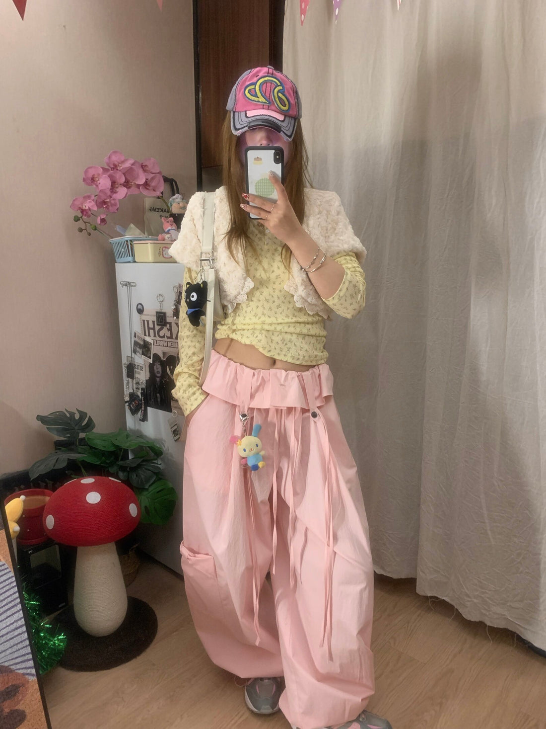Blush Pink Ruffle-Waist Bow-Tie Balloon Cargo Pants