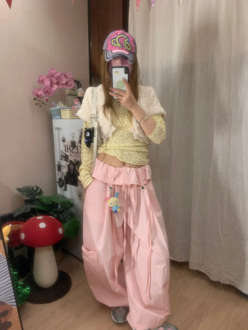 Blush Pink Ruffle-Waist Bow-Tie Balloon Cargo Pants