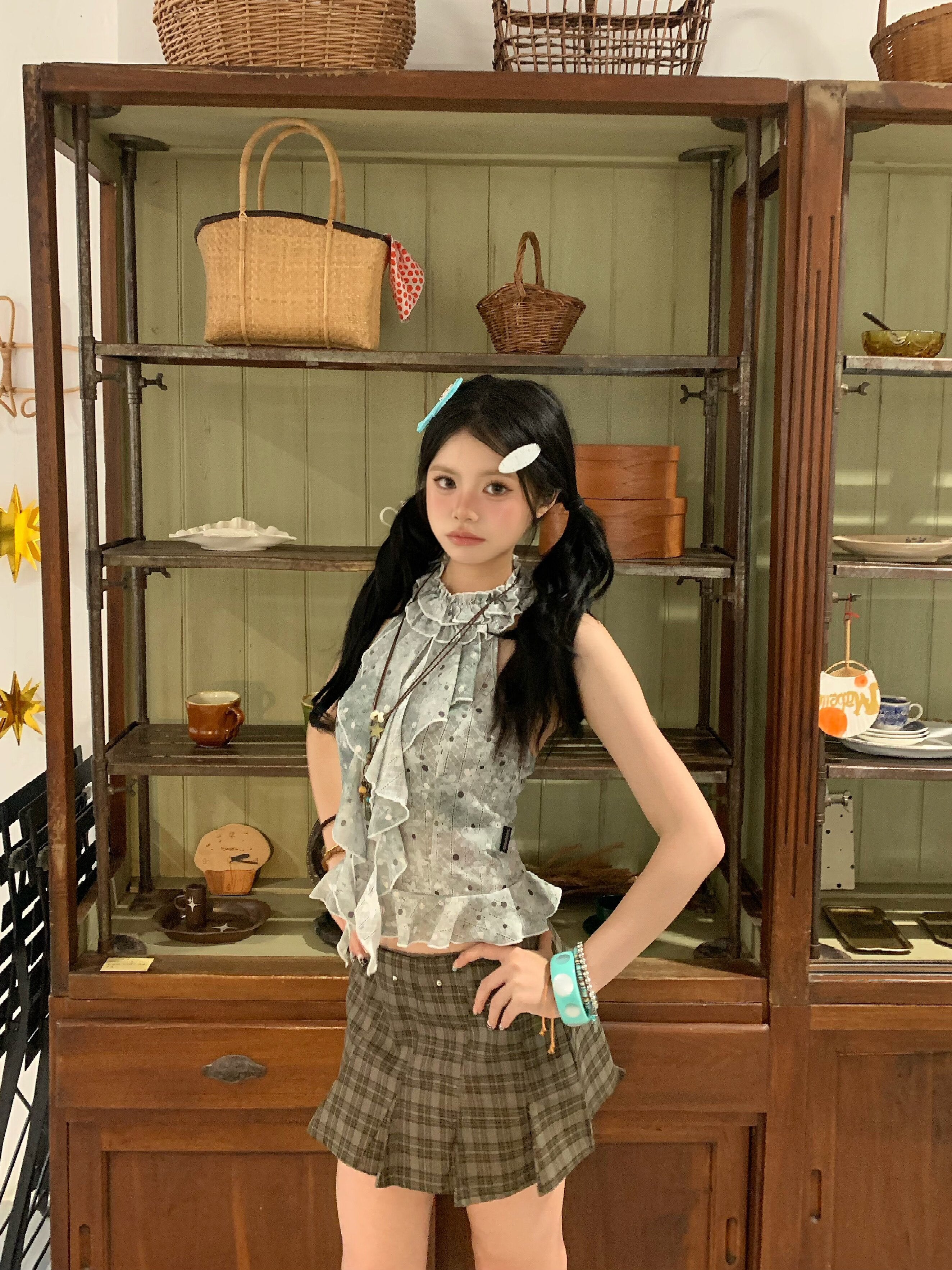 Bronze Grey Plaid Low-Rise Studded Pleated Preppy Mini Skirt