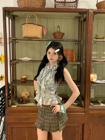 Bronze Grey Plaid Low-Rise Studded Pleated Preppy Mini Skirt