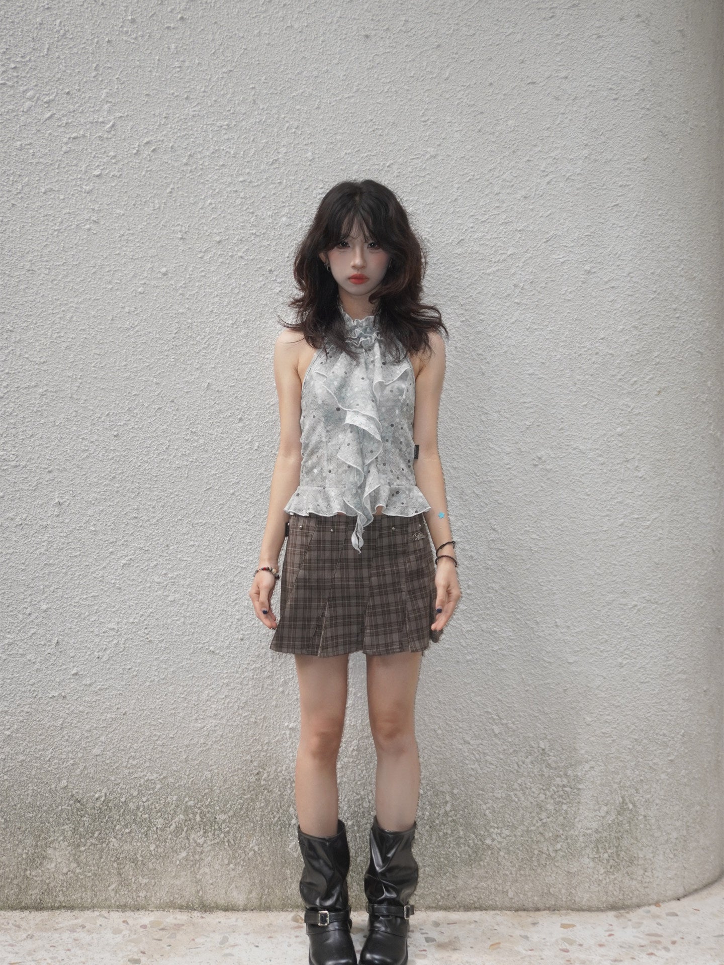Bronze Grey Plaid Low-Rise Studded Pleated Preppy Mini Skirt