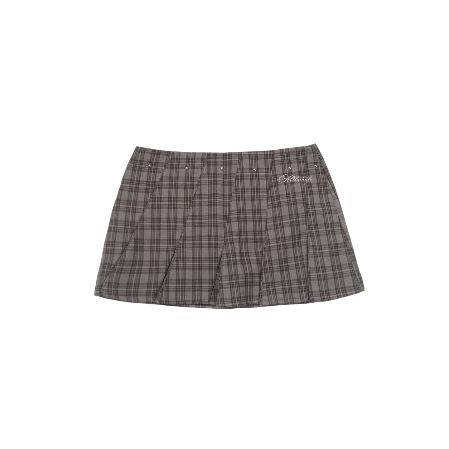 Bronze Grey Plaid Low-Rise Studded Pleated Preppy Mini Skirt