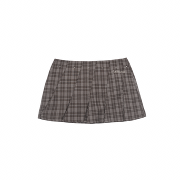 Bronze Grey Plaid Low-Rise Studded Pleated Preppy Mini Skirt