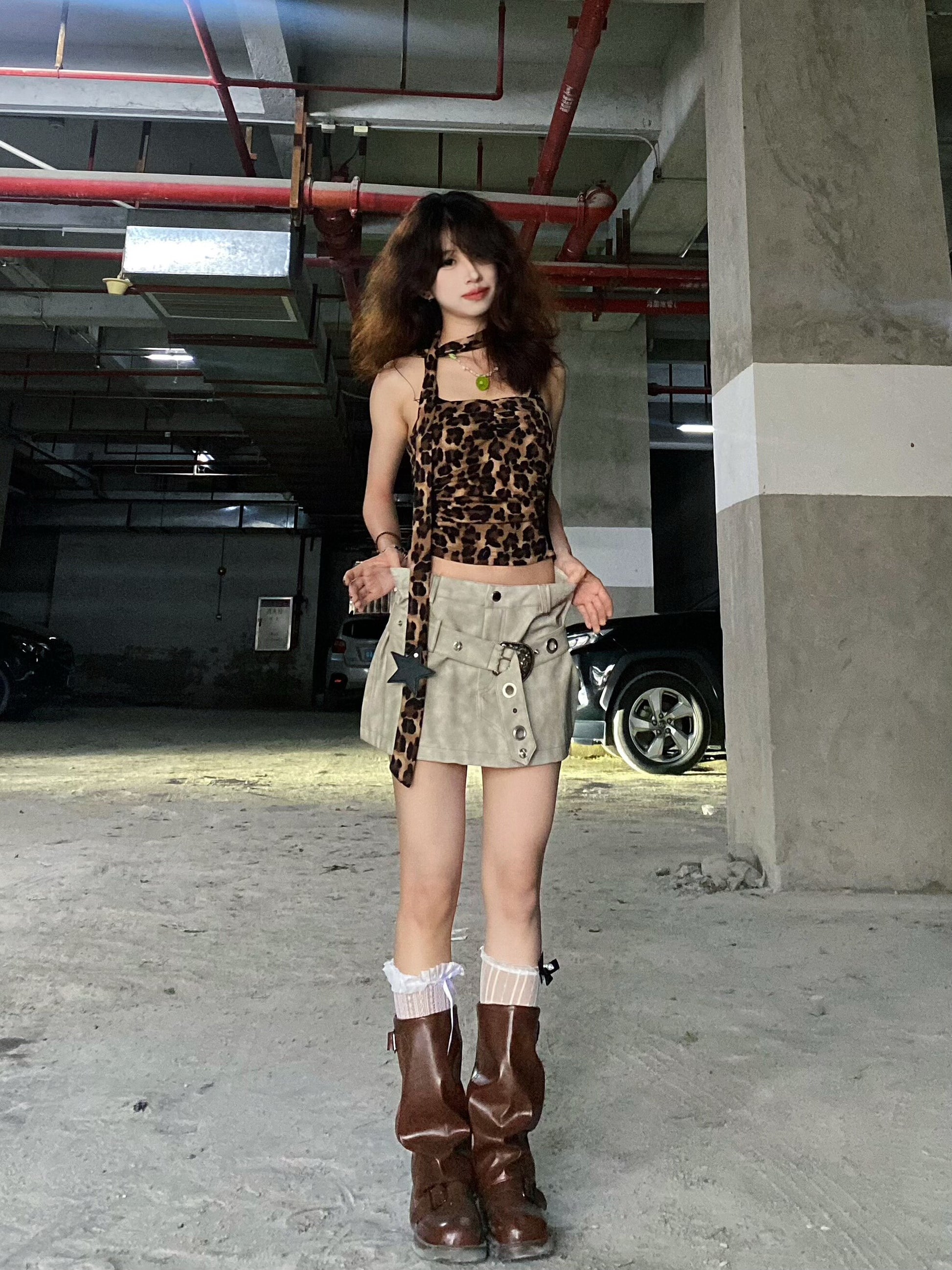 Brown Leopard Lace Ruched Fitted Tube Top with Neck Scarf