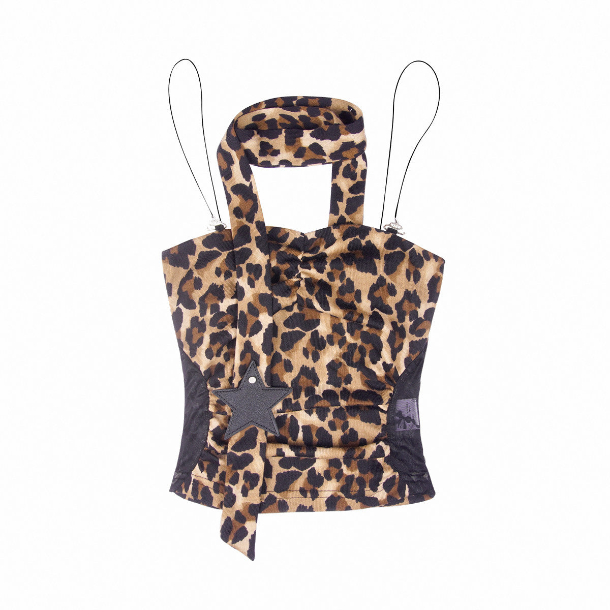 Brown Leopard Lace Ruched Fitted Tube Top with Neck Scarf