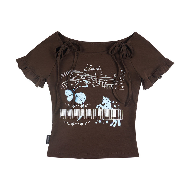 Brown Music Note Piano Graphic Ruffle Baby Tee
