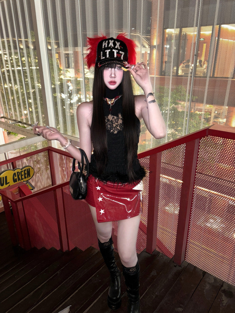 Burgundy Glossy Star-Appliqué Asymmetric Low-Rise Mini Skirt