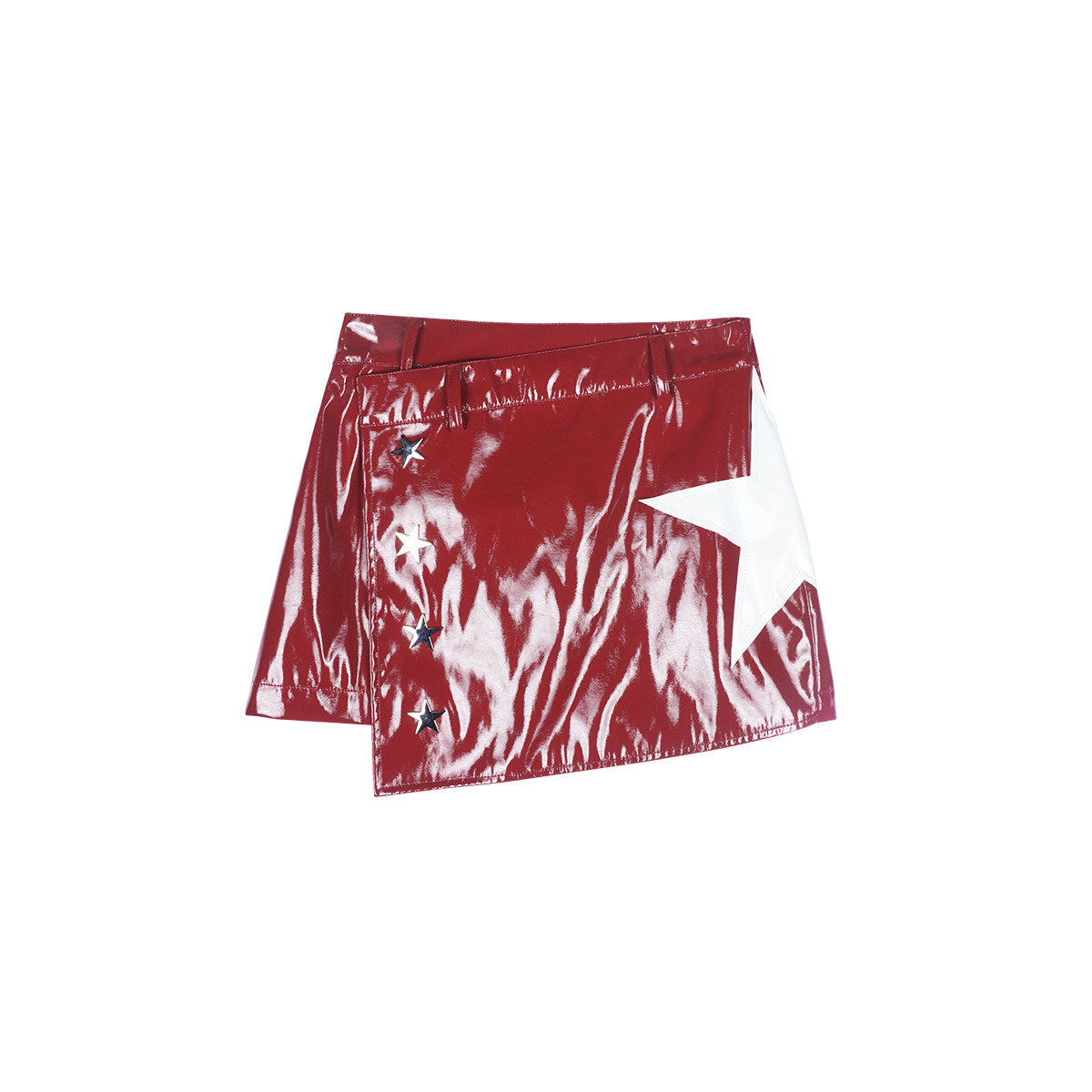 Burgundy Glossy Star-Appliqué Asymmetric Low-Rise Mini Skirt