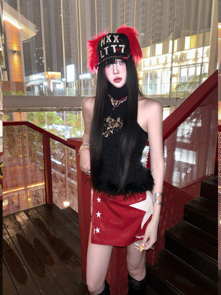 Burgundy Glossy Star-Appliqué Asymmetric Low-Rise Mini Skirt