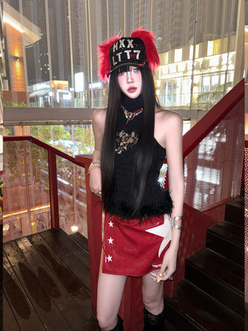 Burgundy Glossy Star-Appliqué Asymmetric Low-Rise Mini Skirt