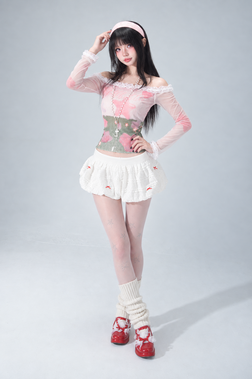 Cloud White Lace Bow Elastic-Waist Bloomer Shorts