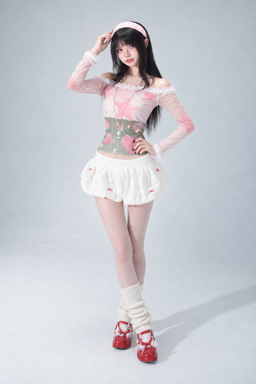 Cloud White Lace Bow Elastic-Waist Bloomer Shorts