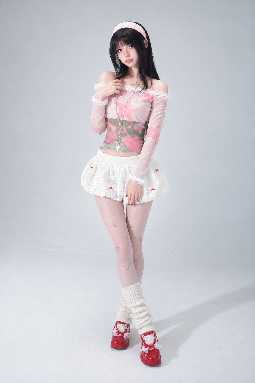 Cloud White Lace Bow Elastic-Waist Bloomer Shorts