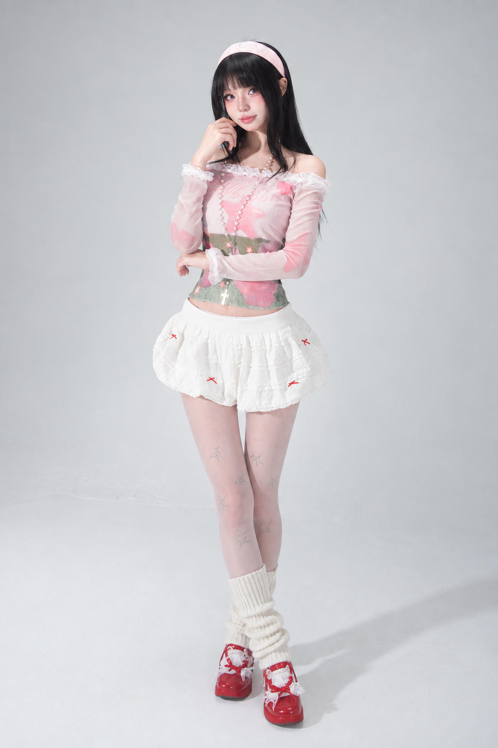 Cloud White Lace Bow Elastic-Waist Bloomer Shorts
