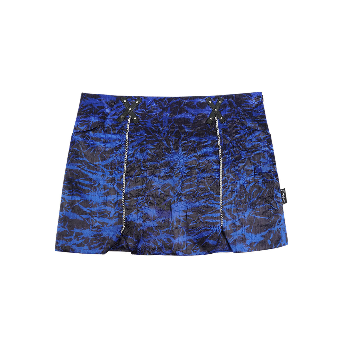 Cobalt Blue Black Crinkle Low-Rise Chain Bodycon Mini Skirt