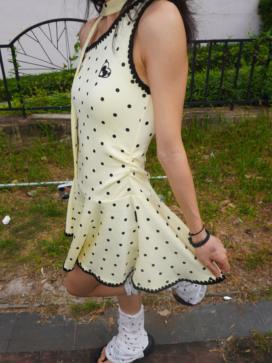 Cream Yellow Black Polka Dot One-Shoulder Halter Ruffle Mini Dress
