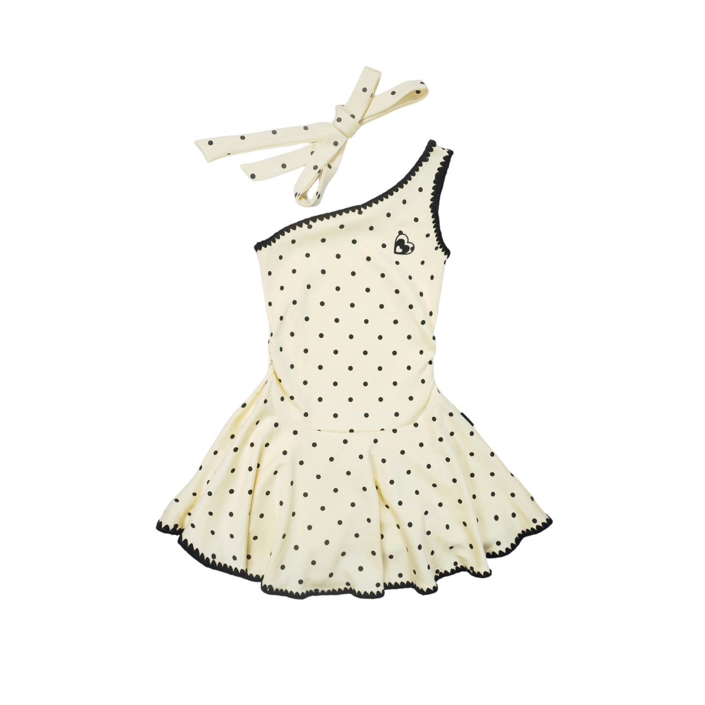Cream Yellow Black Polka Dot One-Shoulder Halter Ruffle Mini Dress