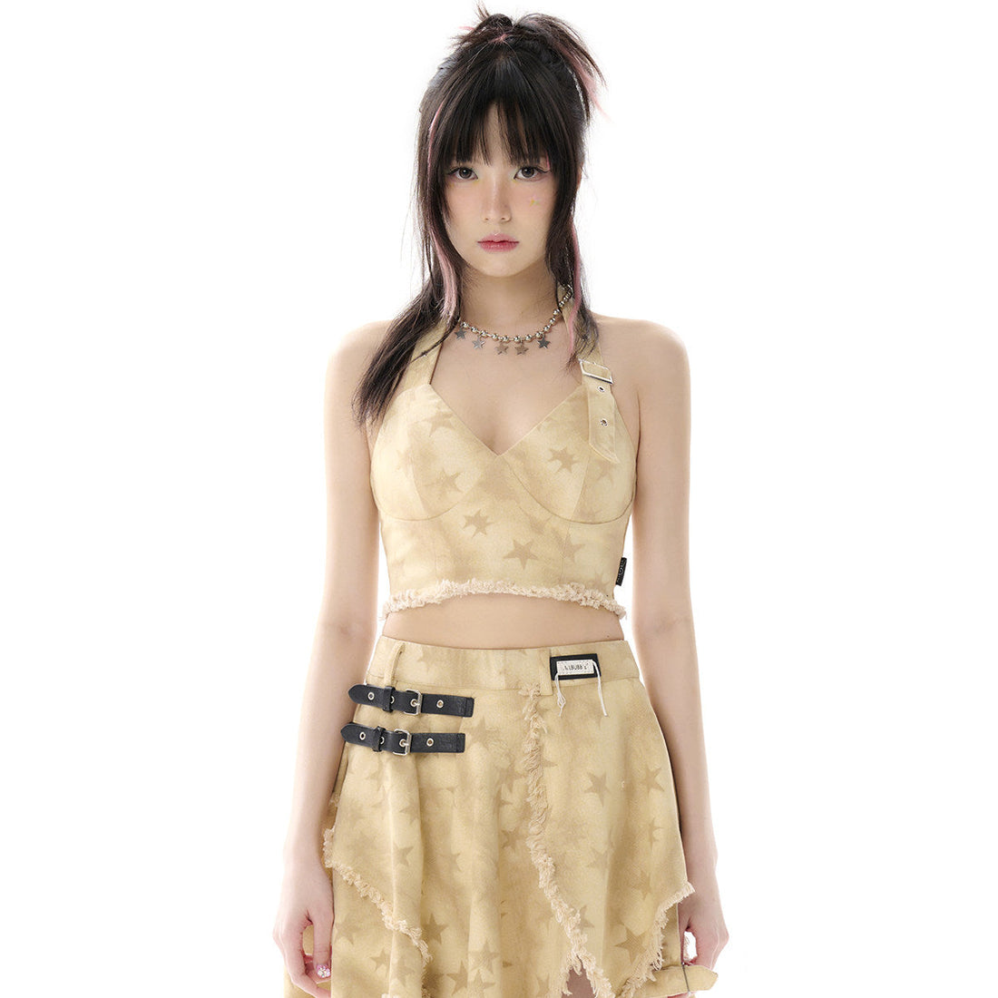 Desert Star Distressed Denim Halter Top & Asymmetric Skirt Set