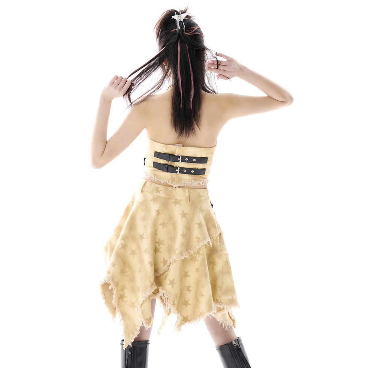 Desert Star Distressed Denim Halter Top & Asymmetric Skirt Set