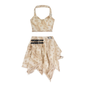 Desert Star Distressed Denim Halter Top & Asymmetric Skirt Set