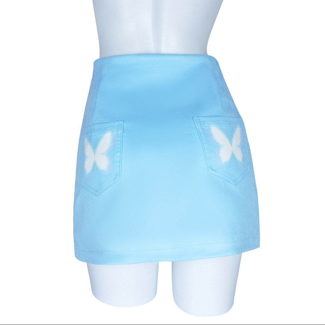 Dream Butterfly Baby Blue Front-Zip A-Line Mini Skirt