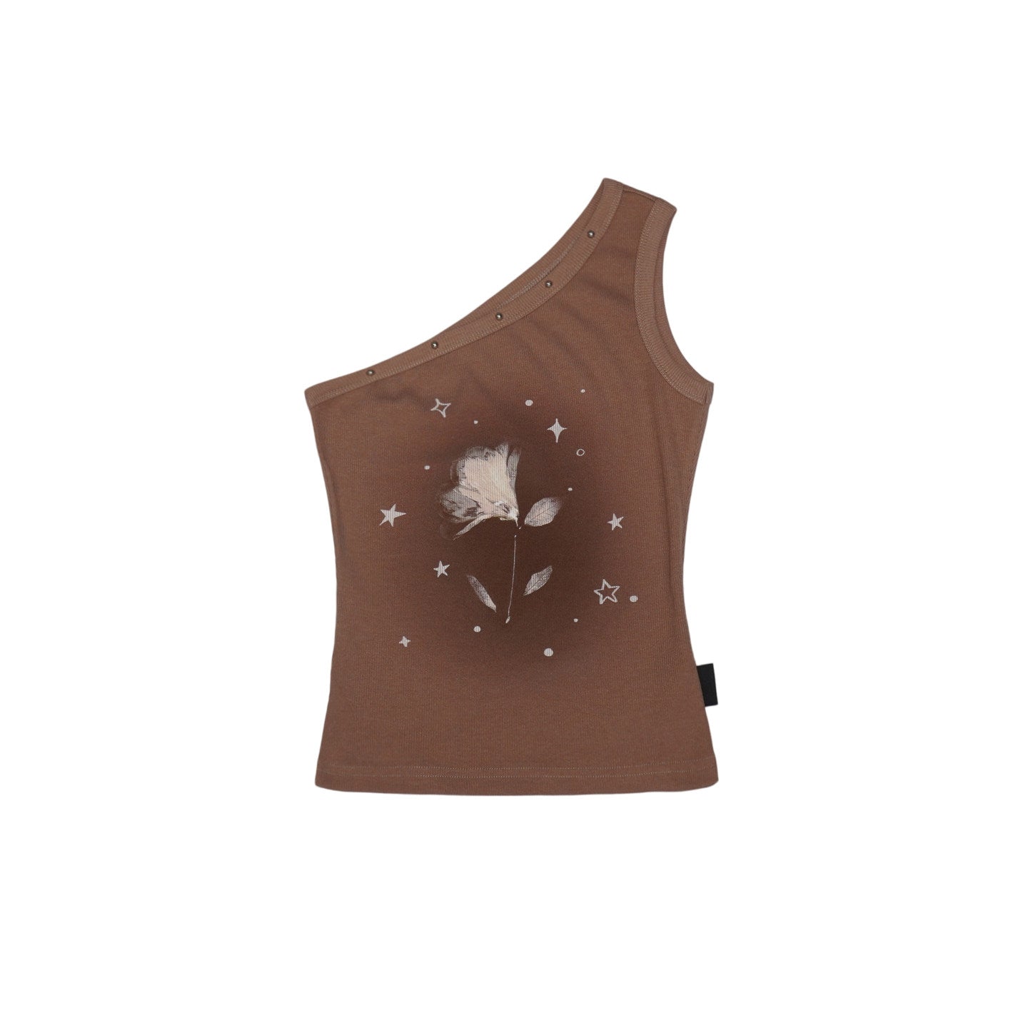 Dreamcore Brown Negative Floral Star Print Studded One-Shoulder Top