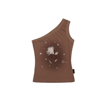 Dreamcore Brown Negative Floral Star Print Studded One-Shoulder Top