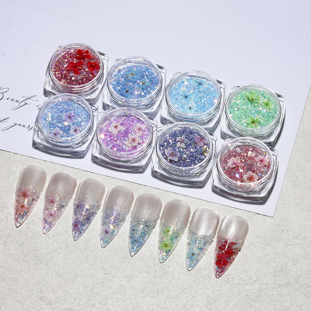 Forest Fairy Dried Flower Glitter Nail Art