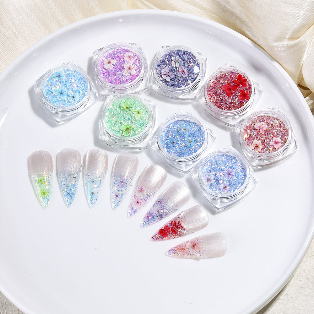 Forest Fairy Dried Flower Glitter Nail Art