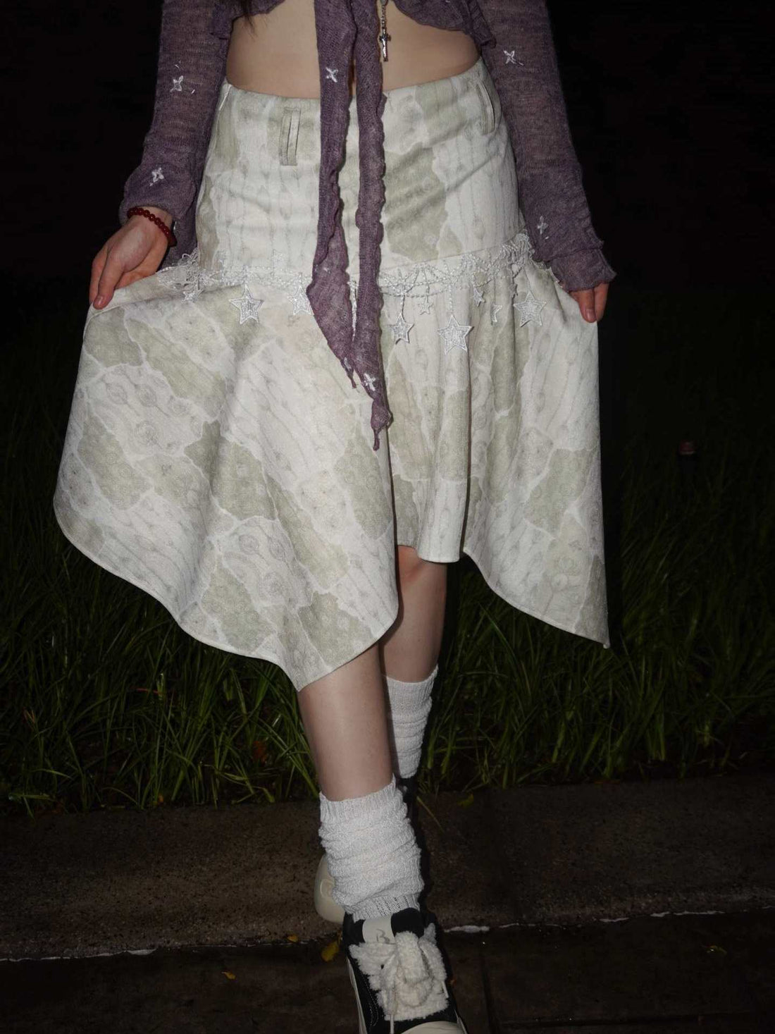 Forest Star Pale Sage Lace Asymmetric Ruffle Midi Skirt