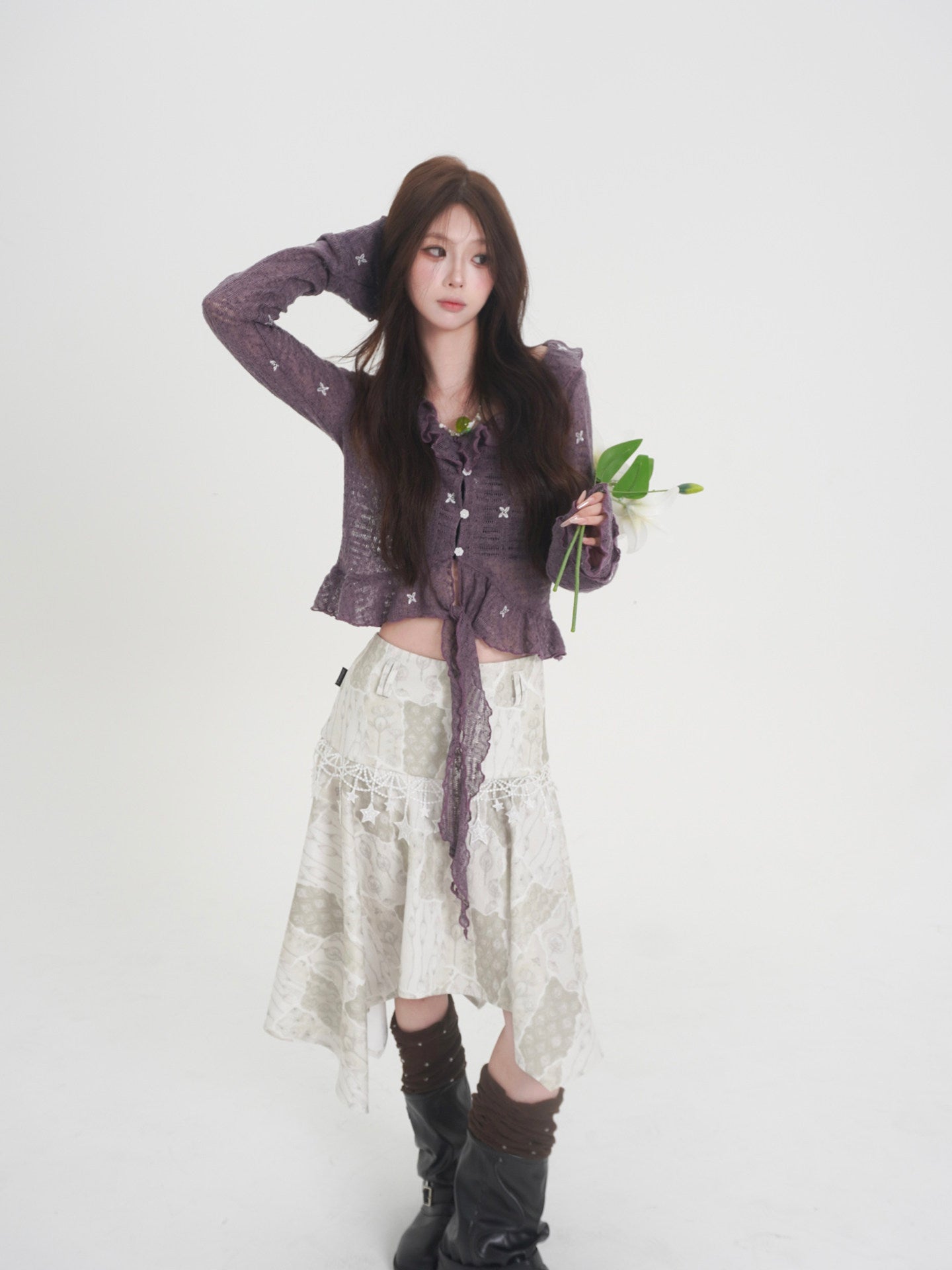 Forest Star Pale Sage Lace Asymmetric Ruffle Midi Skirt