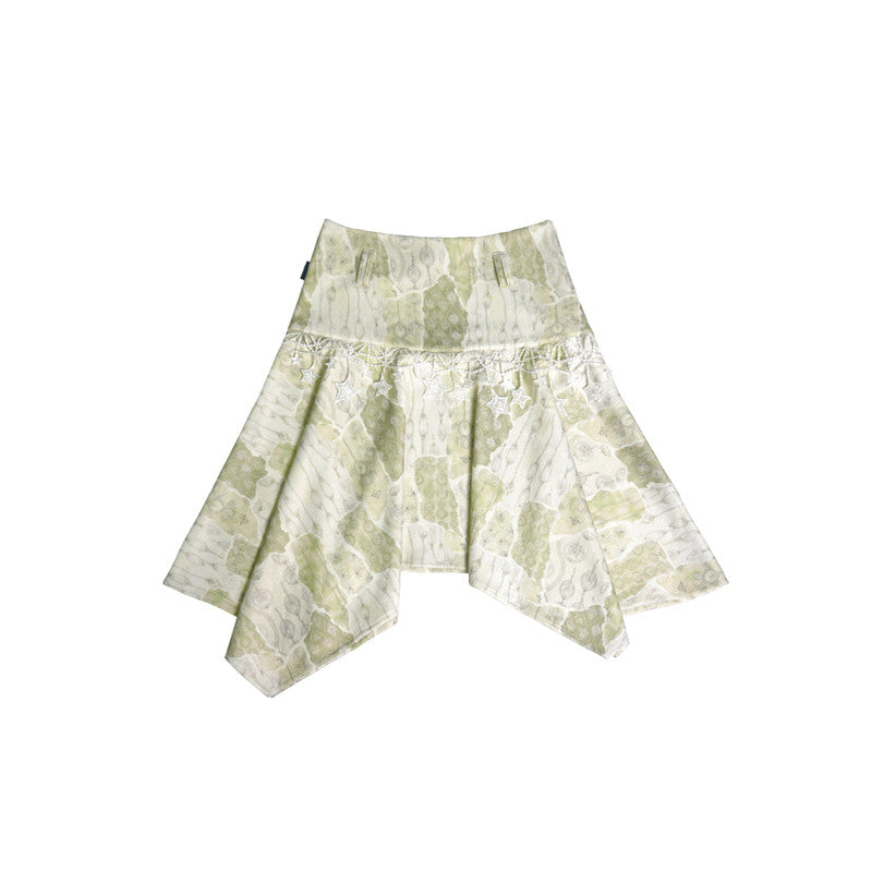 Forest Star Pale Sage Lace Asymmetric Ruffle Midi Skirt