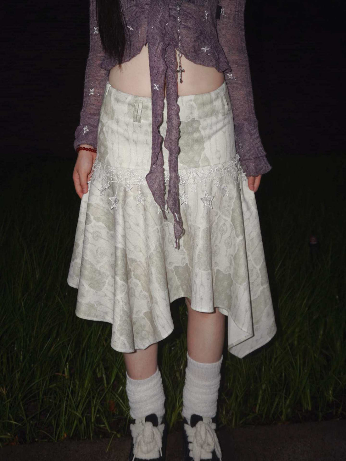 Forest Star Pale Sage Lace Asymmetric Ruffle Midi Skirt