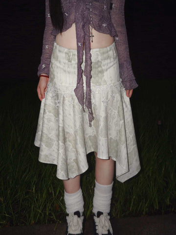 Forest Star Pale Sage Lace Asymmetric Ruffle Midi Skirt