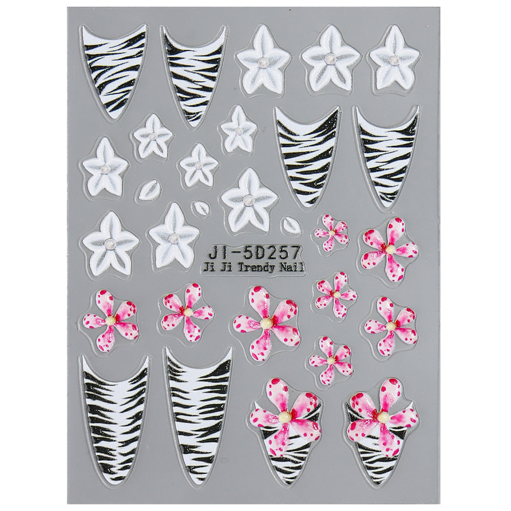 French Tip Zebra Nail Stickers 5D Embossed Plumeria Nail Decals Vacation Style Waterproof Nail Art