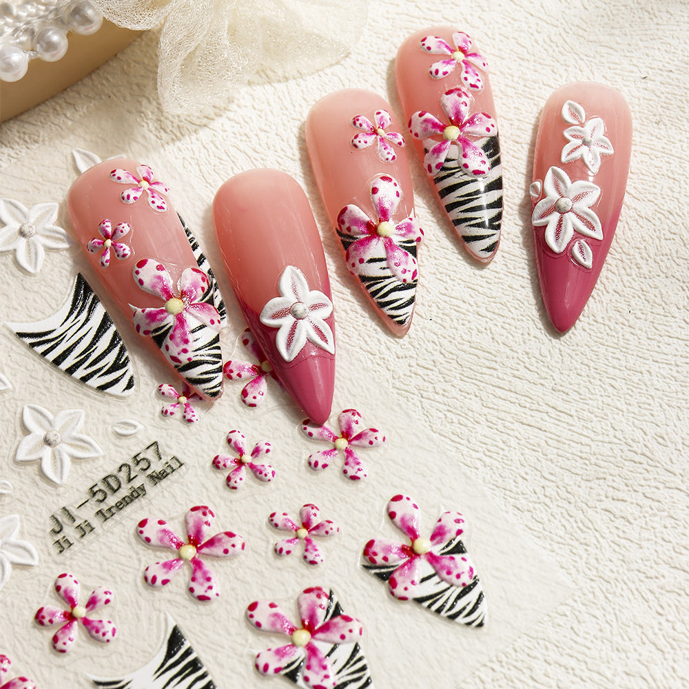 French Tip Zebra Nail Stickers 5D Embossed Plumeria Nail Decals Vacation Style Waterproof Nail Art