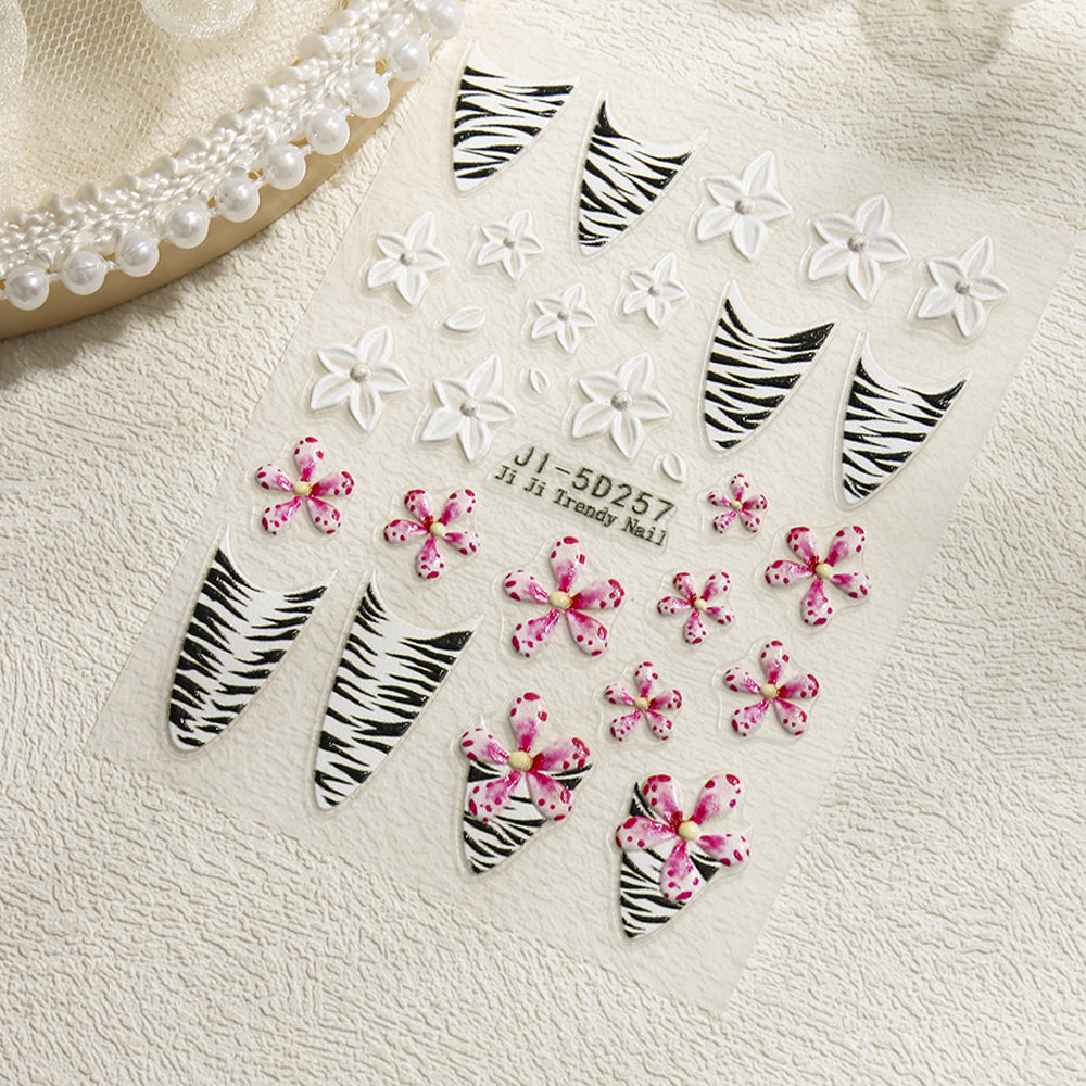 French Tip Zebra Nail Stickers 5D Embossed Plumeria Nail Decals Vacation Style Waterproof Nail Art
