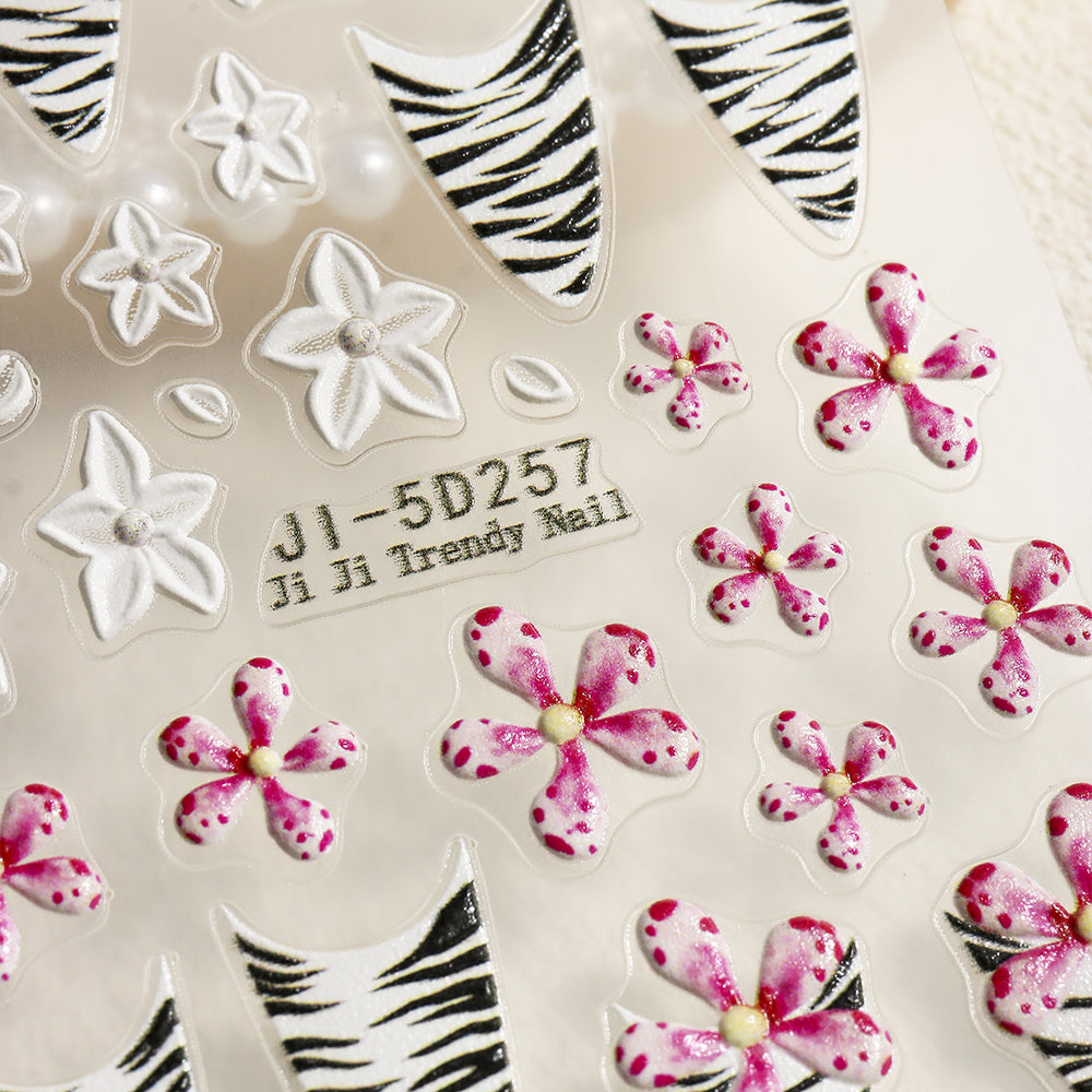 French Tip Zebra Nail Stickers 5D Embossed Plumeria Nail Decals Vacation Style Waterproof Nail Art