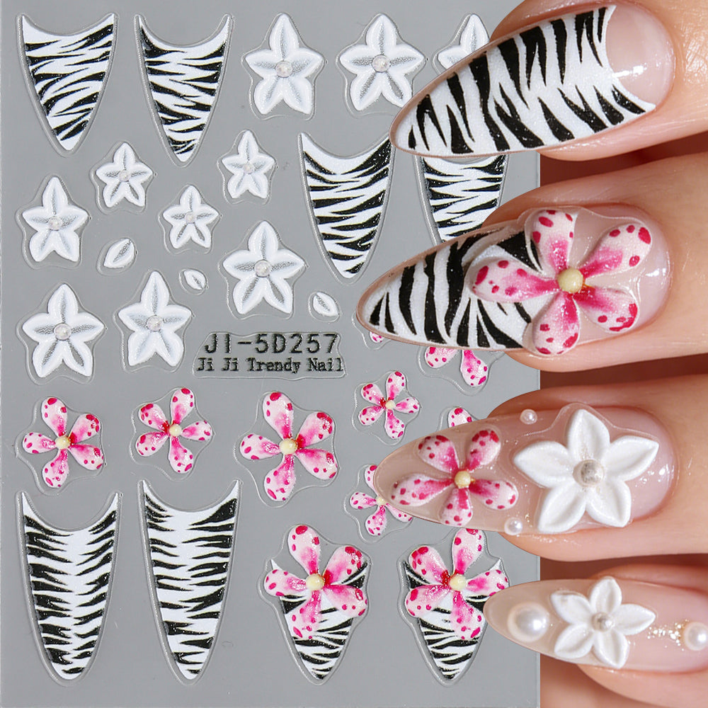 French Tip Zebra Nail Stickers 5D Embossed Plumeria Nail Decals Vacation Style Waterproof Nail Art