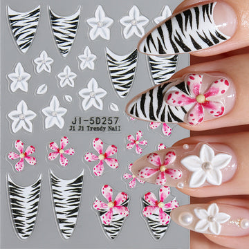 French Tip Zebra Nail Stickers 5D Embossed Plumeria Nail Decals Vacation Style Waterproof Nail Art