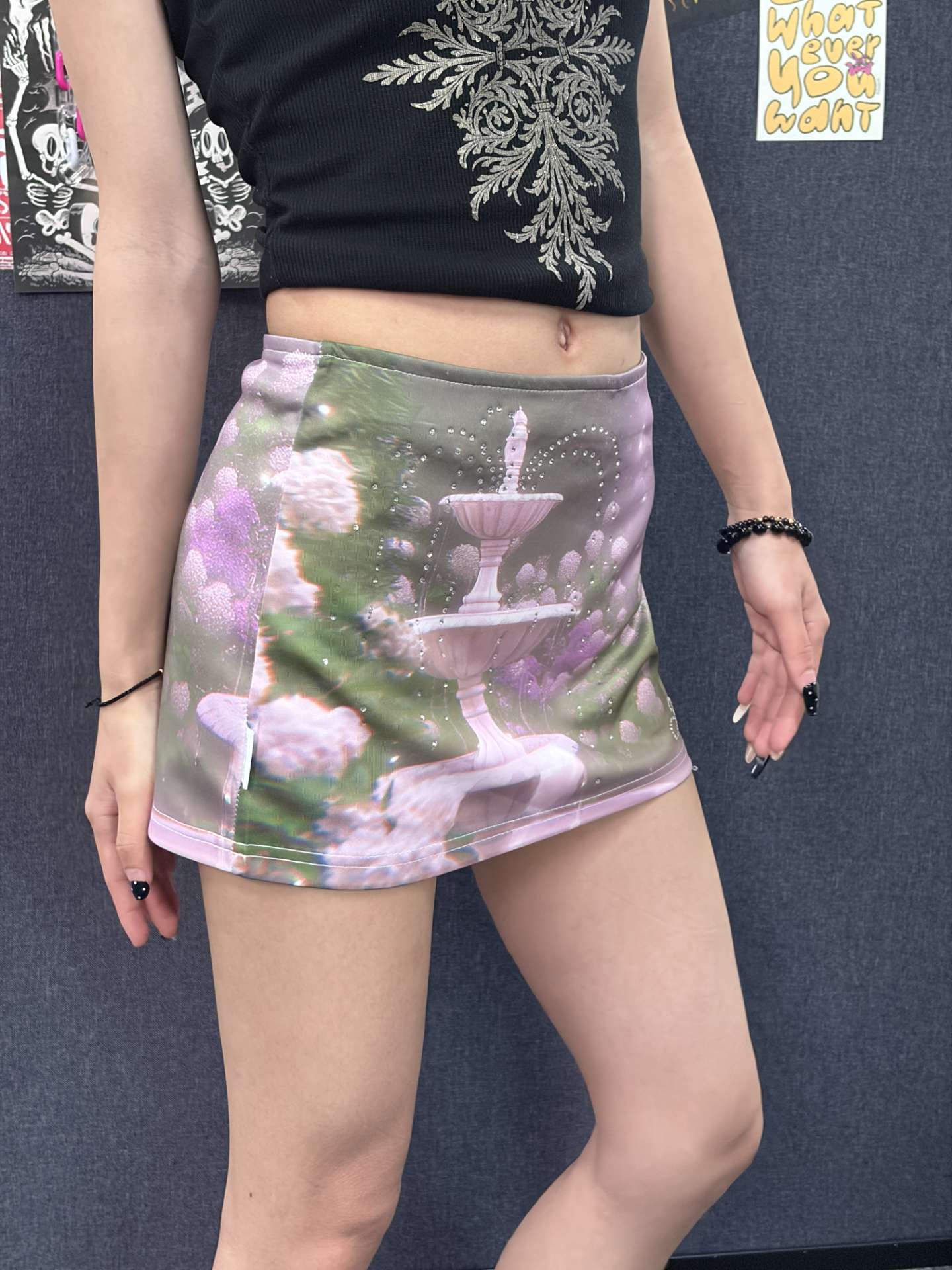 Garden Fountain Pink Purple Dreamcore Rhinestone Bodycon Mini Skirt