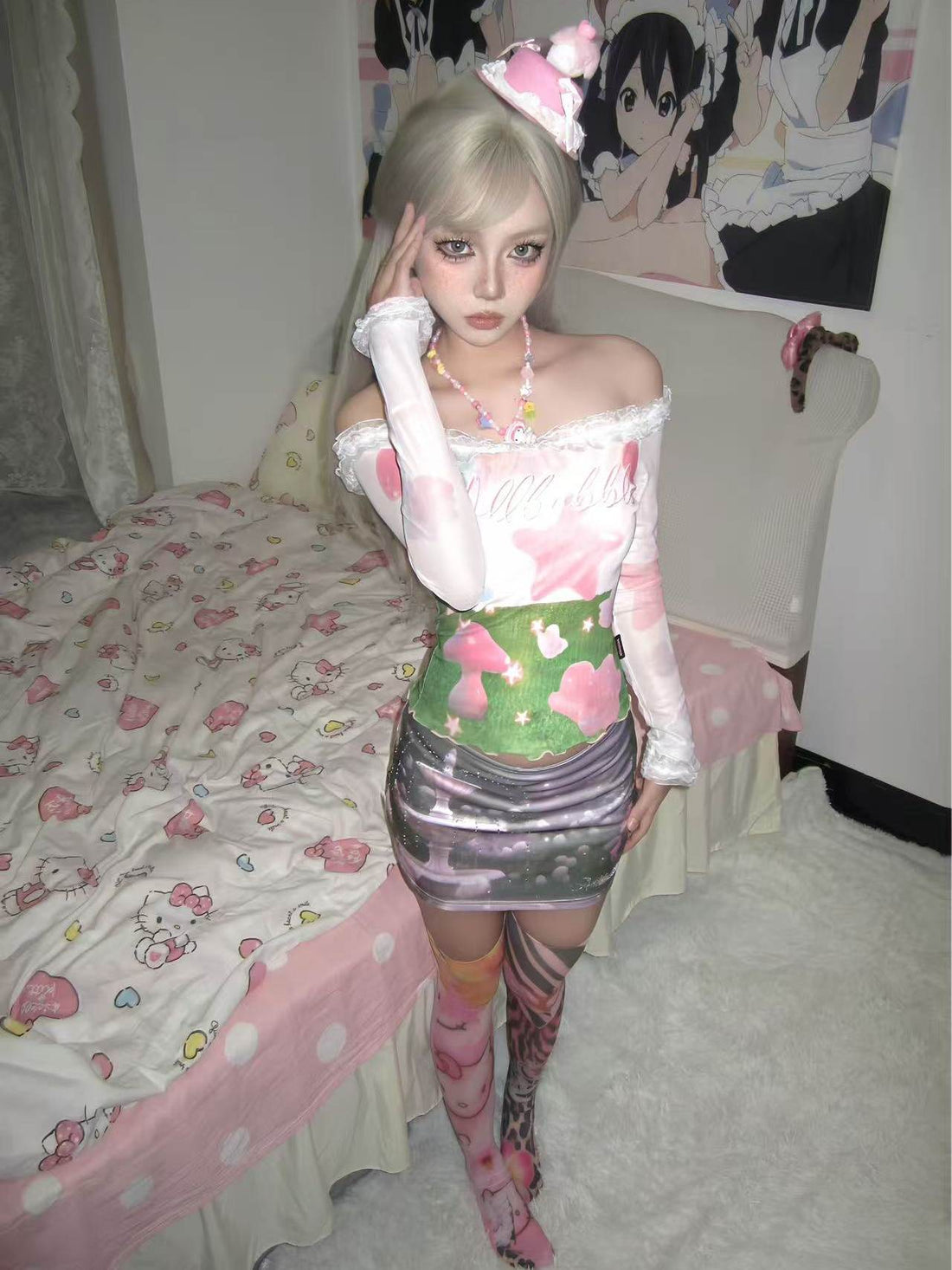 Garden Fountain Pink Purple Dreamcore Rhinestone Bodycon Mini Skirt