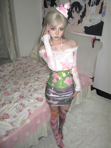 Garden Fountain Pink Purple Dreamcore Rhinestone Bodycon Mini Skirt