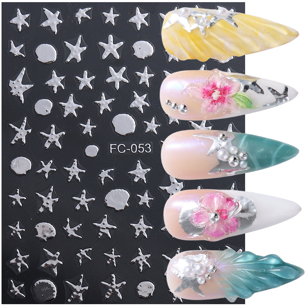 Gold Silver Star Shell Nail Sticker 3D Embossed DIY Nail Art