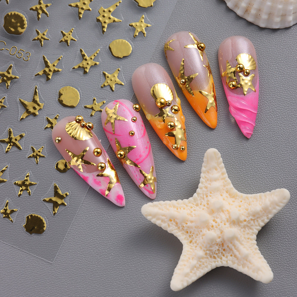 Gold Silver Star Shell Nail Sticker 3D Embossed DIY Nail Art