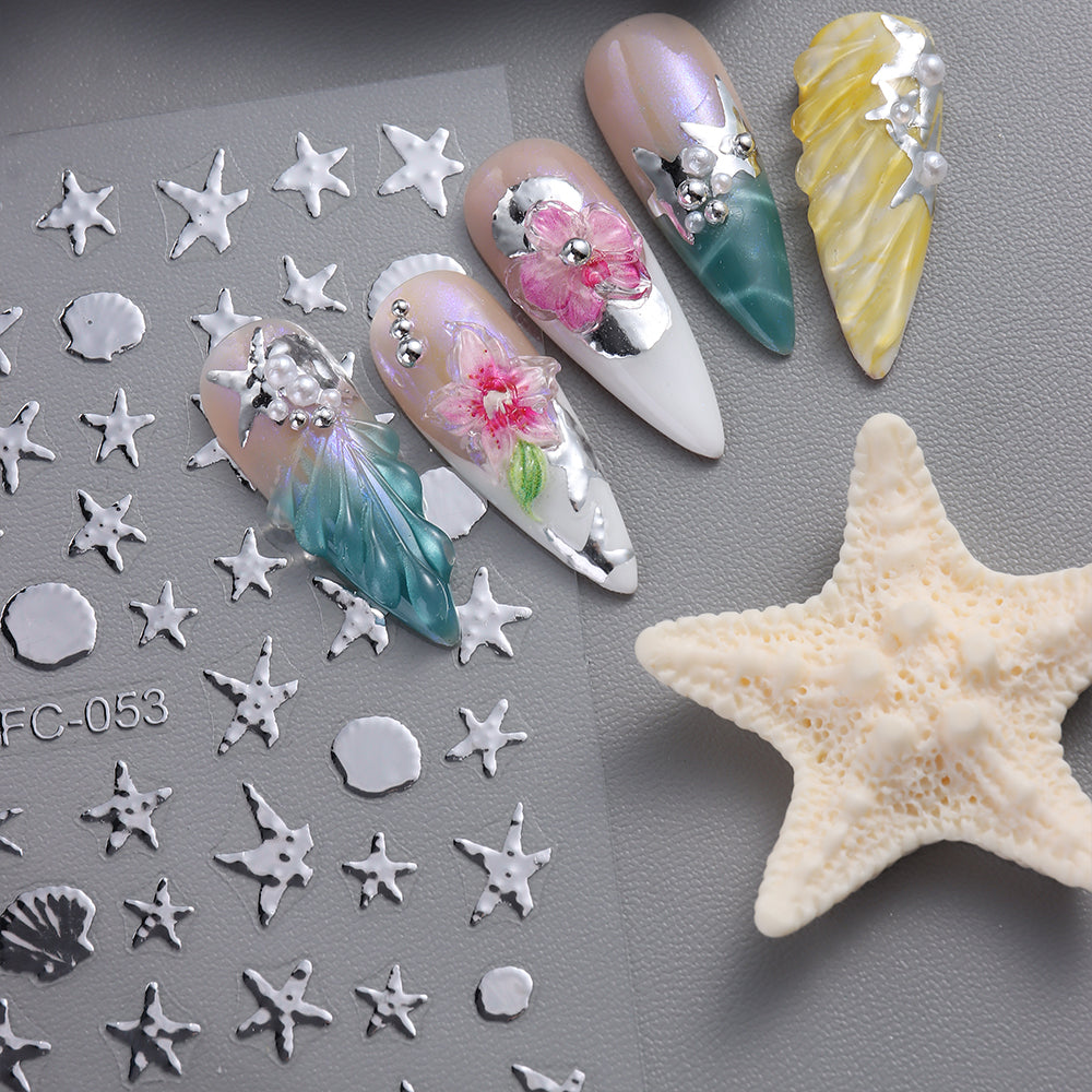 Gold Silver Star Shell Nail Sticker 3D Embossed DIY Nail Art