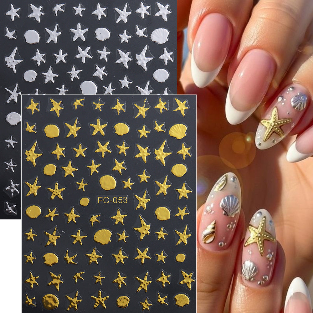 Gold Silver Star Shell Nail Sticker 3D Embossed DIY Nail Art