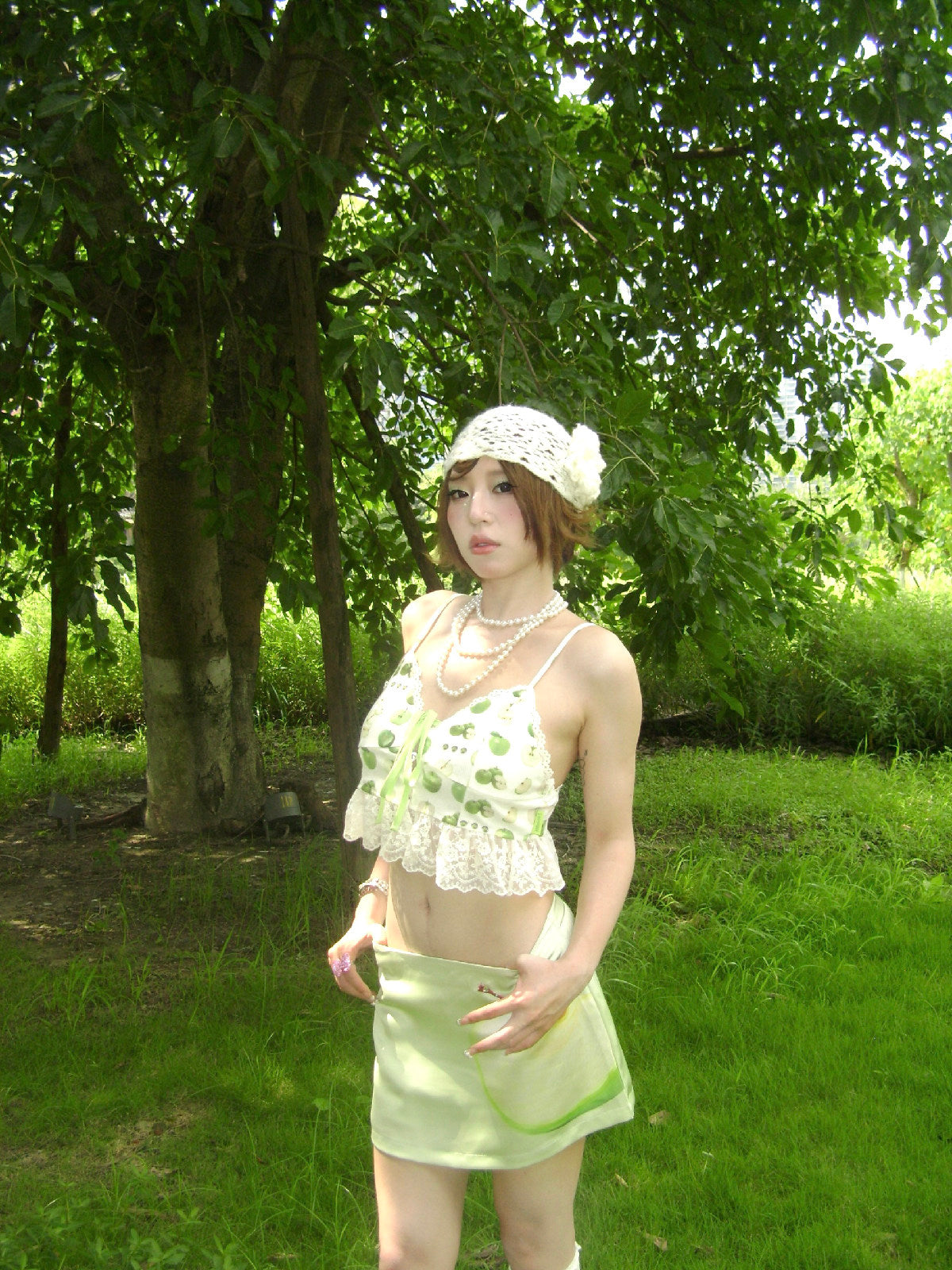 Green Apple Print Pearl Lace Bow Fitted Cropped Camisole Top